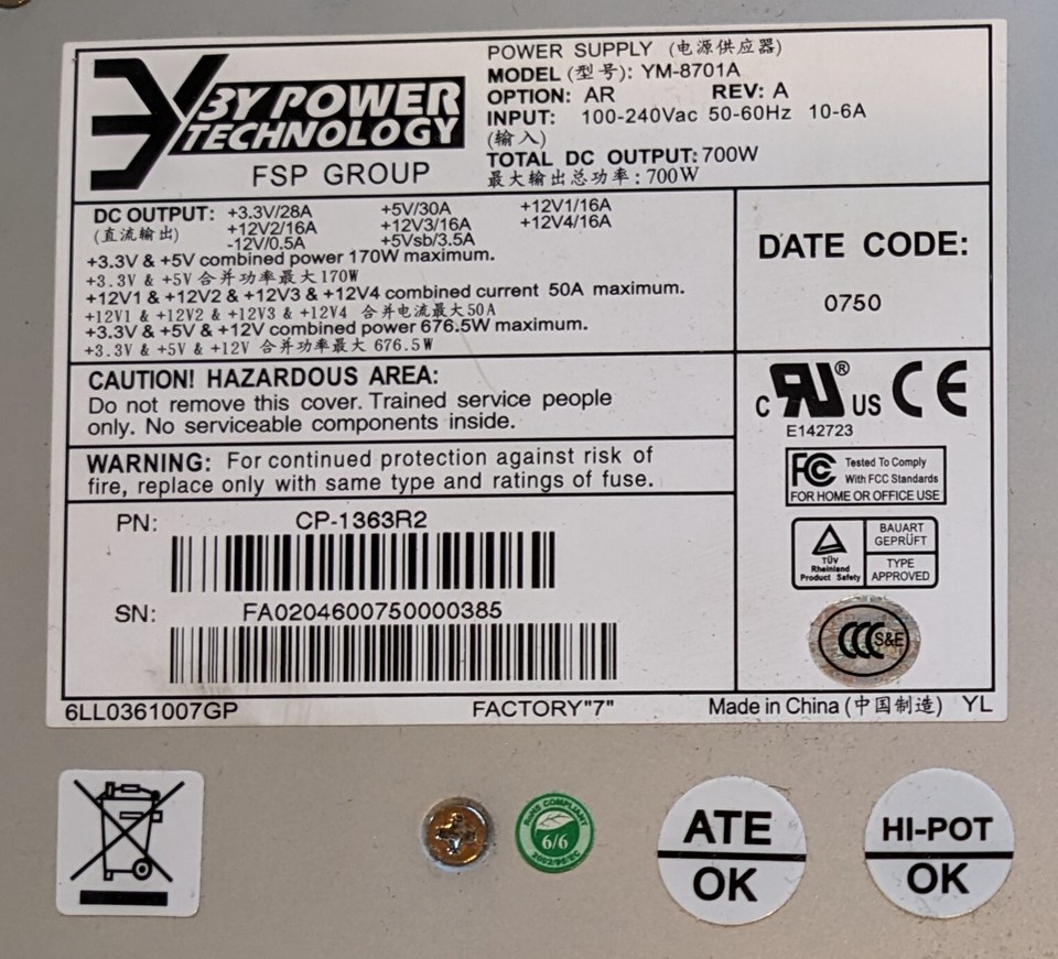 3Y Power Technology FSP Group YM-8701A 700W Server Power Supply ...