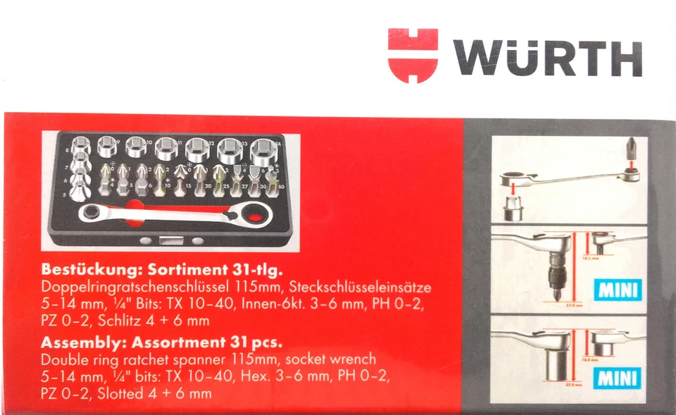 Wurth 096511310 Llave inglesa de trinquete de doble anillo con brocas Mini juego 31 piezas Foto 3 de 4