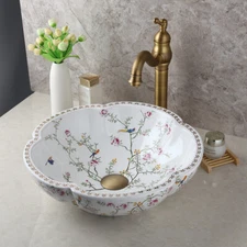 Ceramic Flower-shaped Basin Bowl Vanity Vessel Sink Antique Brass Mixer Faucet