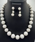 Vtg White Milk Glass Beaded Necklace & Screw Back Earring Set Silver EUC