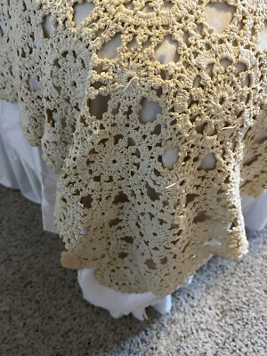 Vintage Antique Handmade Heavy Crochet Blanket Throw Floral Lace Pattern 73x73 