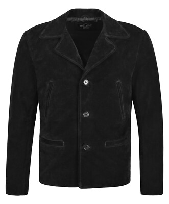 Herren Lederjacke Schwarz Wildleder Klassisch Kragen Blazer Freizeit 70er Mode