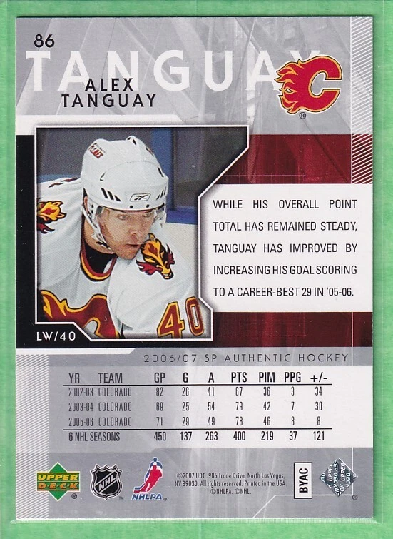 2006-07 SP Authentic #86 Alex Tanguay Calgary Flames - Image 2 of 2