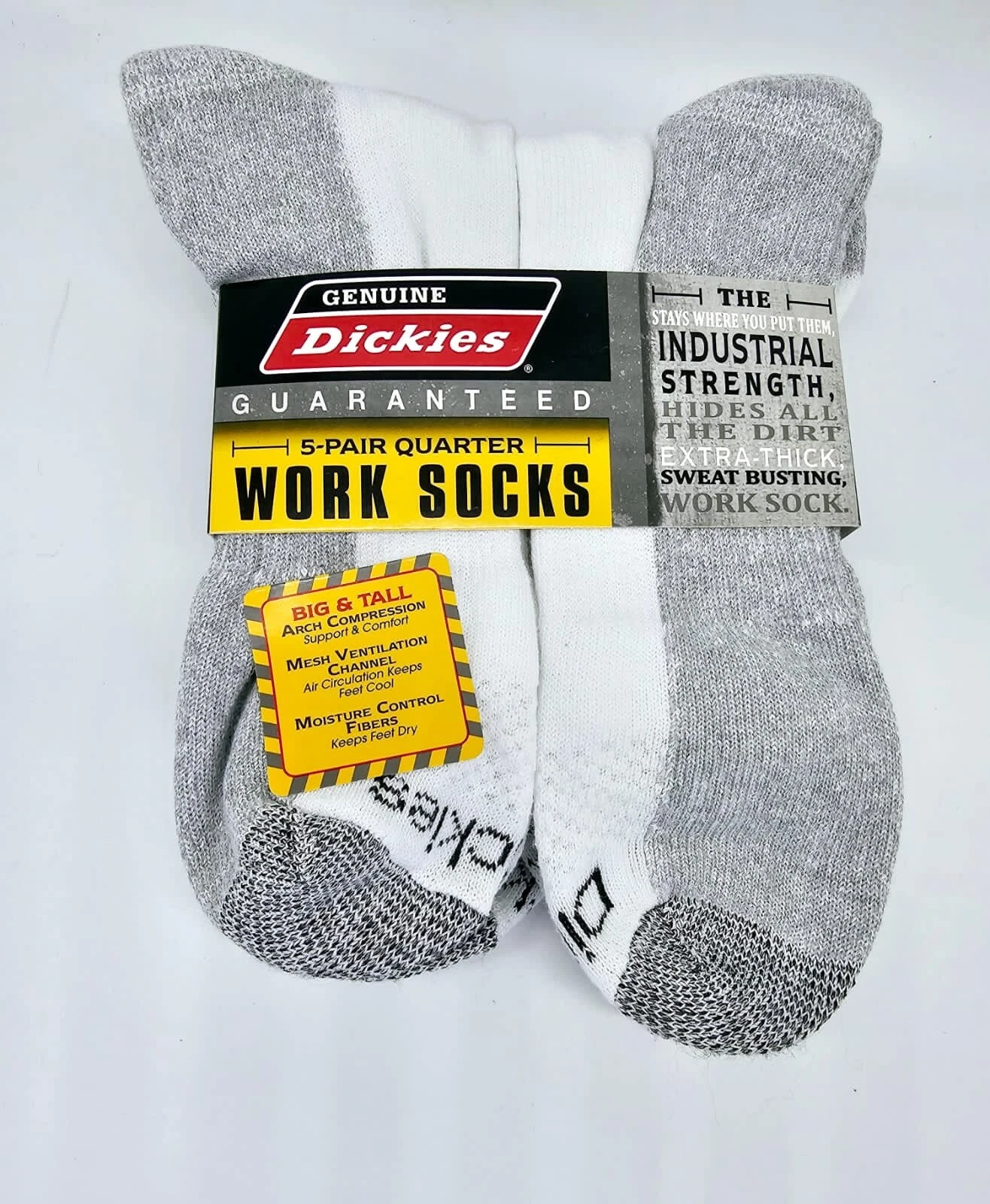 Dickies Men Moisture Control Big & Tall Quarter Work Socks White 5-Pr Sz 12-15