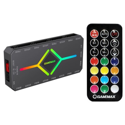 GameMax V4.0 ARGB PWM 9 Port schwarz 8 x PC Lüfter Hub mit SATA Power und RF Fernbedienung