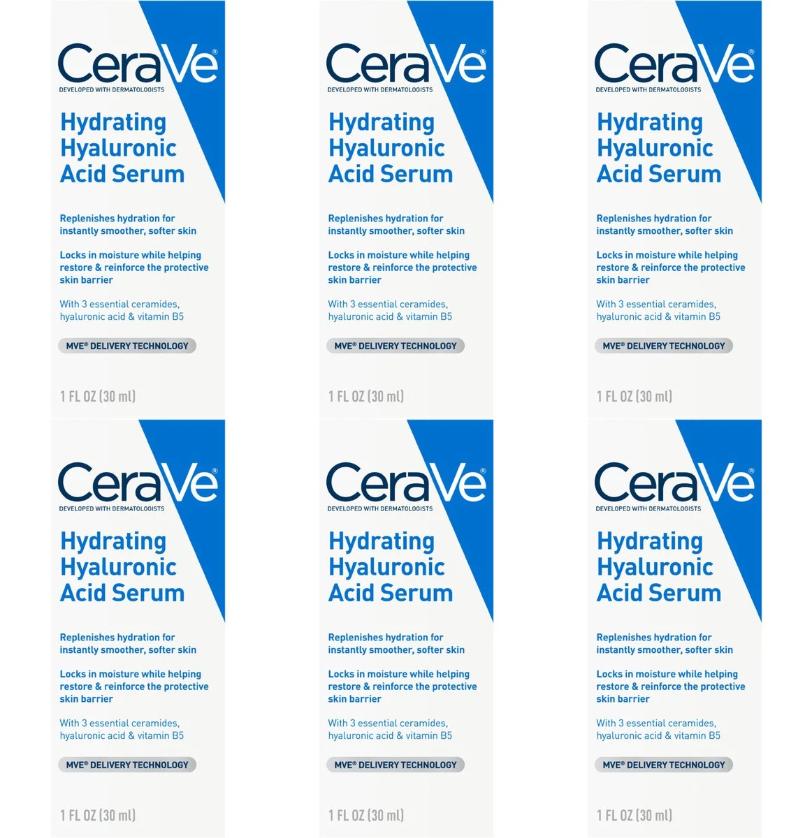 CeraVe Hyaluronic Acid Serum Value Pack 6 Bottles 1oz Each Hydrating Face Care