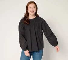 LOGO by Lori Goldstein Women's Top Sz M 100% Cotton Balloon Sleeve Black A687802