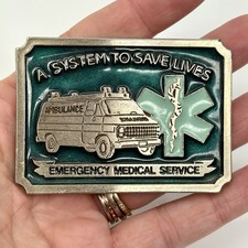Vtg Silver Metal Enamel Belt Buckle EMS Emergency Medical Ambulance Paramedics