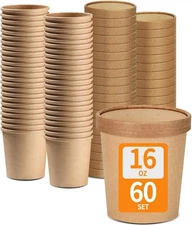 60 Pack 16 oz Pint Ice Cream Containers with Lids, Paper To Go Soup Container...
