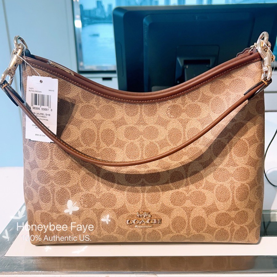 NWT Coach CV975 Laurel Shoulder Bag In Signature Canvas Tan/Brown