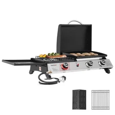 Royal Gourmet 3-in-1 Portable Gas Griddle with Side Burner and Lid for Outdoor
