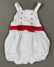 JANIE JACK Sea Romper Shortall Ruffle Stripe Bow Button Blue Red Sailor 3-6 VTG