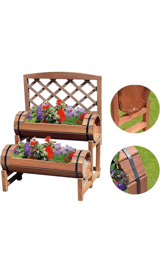 Wooden Garden Twin Barrel Patio Planter Garden Trellis Plant Stand For Climbing - Image 3 of 4
