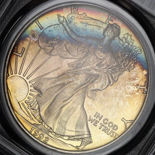 1992 American Silver Eagle PCGS MS-66 - Vivid Banded Rainbow Toning!