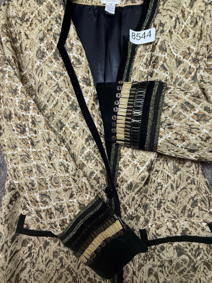 Chico’s Tapestry Gold Black Artisian Embellished Long Jacquard Jacket Size 0 - Image 2 of 4