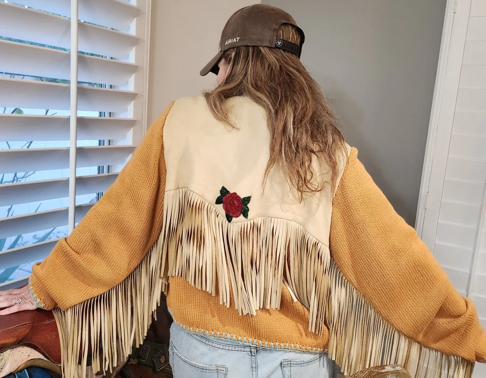 RARE Lianne Barnes VINTAGE Southwestern Leather Knit Fringe Jacket Coachella L Foto 4 de 4