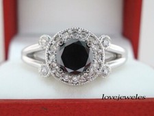 1.50CT Round Cut Real Black Onyx Engagement Wedding Halo Ring Woman 925 Silver