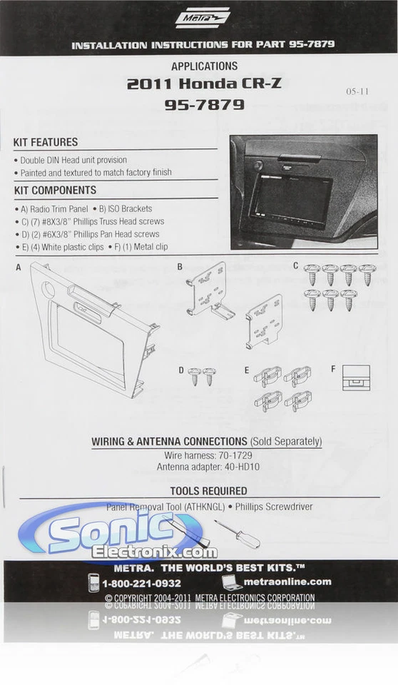 Kit de instalación de radio tablero doble DIN Metra 95-7879 para Honda CR-Z 2011-2015 Foto 2 de 3