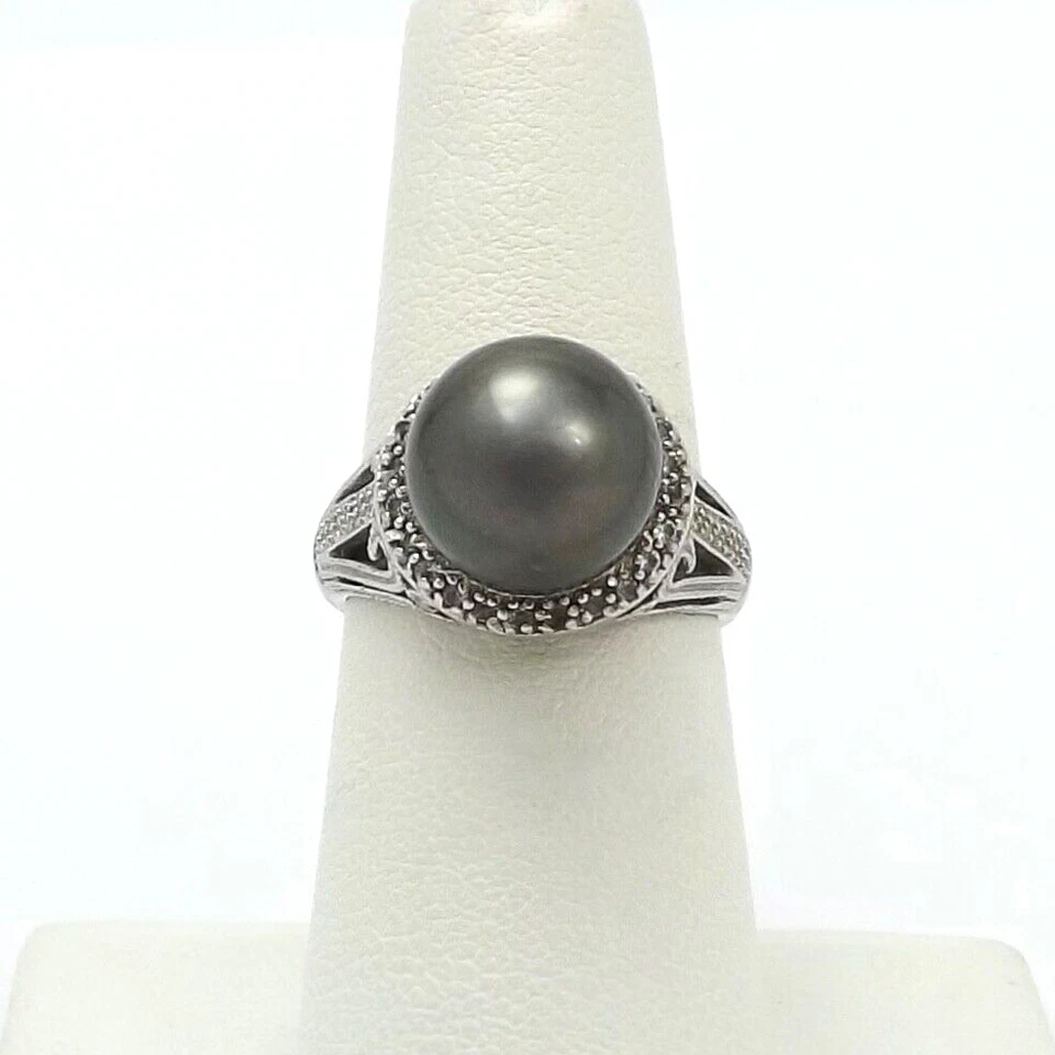 Anillo de plata de ley con halo de perlas de Tahití genuinas de 11 mm talla 7 piedras transparentes sintéticas Foto 2 de 4
