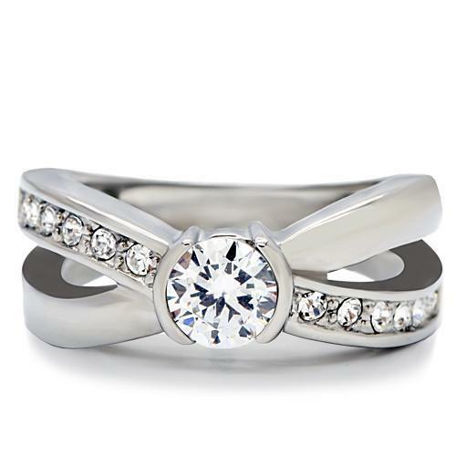Stainless Steel Clear Cubic Zirconia Crossed Band Eternity Ring - 第 3/5 張圖片
