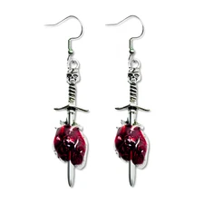 Heart Sword Earrings Skull Gothic Realistic Red Heart Drop Dangle Hook Jewellery