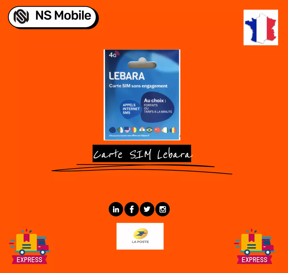 Carte sim prépayée lebara mobile 4G 7,5€ de credit inclus(reseau