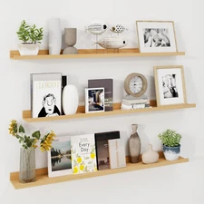 48 Inch Floating Shelves with Lip, Set of 3 - Oak - Wall Mounted Shelves for Sto