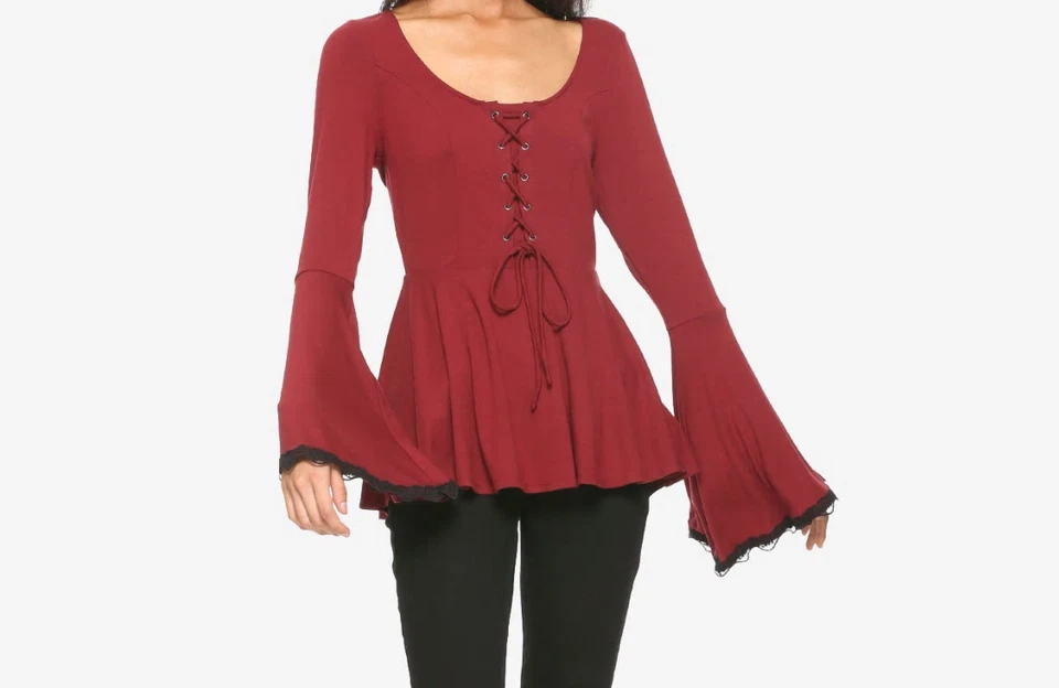 GOTHIC WINE LACE SKULL BACK BELL SLEEVE PEPLUM TOP SHIRT MD WICCAN PUNK MEDIEVAL