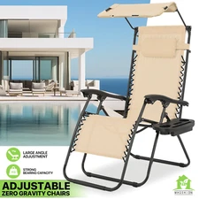 Foldable Cream Zero Gravity Chair Beach Lounge Recliner w/Holding Tray & Canopy