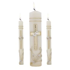 Hand Crafted Wedding Candle Set by Will & Baumer, of 3, Ornate Cross 