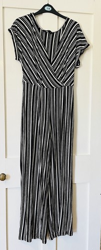F&F Black Stripe Stretch Jersey Short Sleeve Wide Leg Jumpsuit L31" - Picture 5 of 5