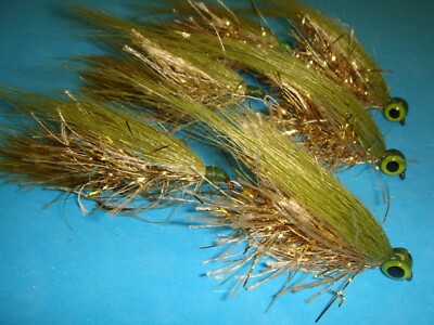 FLY FISHING FLIES - Olive/Gold Articulated BAITFISH BUFFET Streamers #2 (3 pcs)