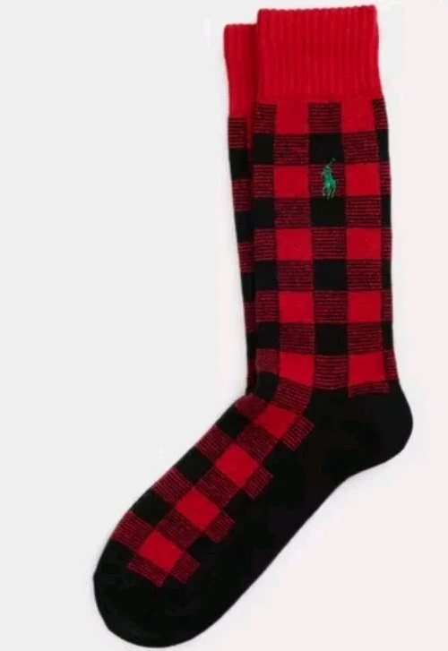 👀》🔥 Men Polo Ralph Lauren Red / Black Buffalo Check Wool Thick Boot Socks 🆕️