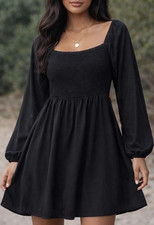 NWT Old Navy Women's Black Smocked Square Neck Puff Sleeve Mini Dress Size M