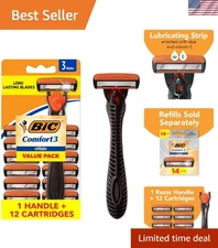 Comfort 3 Refillable Razor for Men - Black/Orange, 12 Count