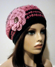 crochet handmade womans flower hat beanie anemone pink puffs USA new
