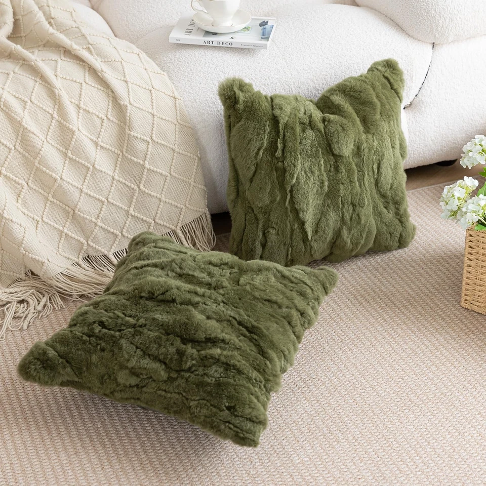 Rabbit Fur Throw Pillow Covers Decorative Fluffy Soft Fuzzy Plush Luxury Genu... - Image 4 of 4