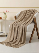 1Pc Khaki Knitted Throw Blanket, Casual Nap Blanket with Tassels for Sofa, Chair