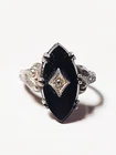 Estate Black Onyx Marquise Ring Size 7 Sterling Silver 925 Vintage Statement Art