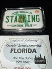Stackin' Across America .999 Silver Bar  1oz - Florida Design w/COA 339 of 1000