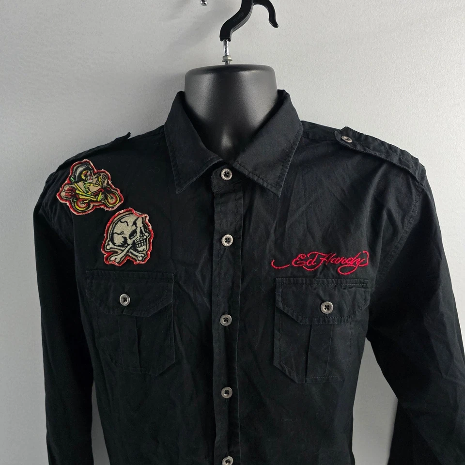 Camisa Ed Hardy Negra Manga Larga Abotonada Bordada Calavera Parches Para Hombres Foto 2 de 4