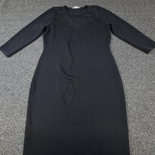 Calvin Klein Dress Womens L Black Sheath Midi 3/4 Sleeve Pleated Work Office
