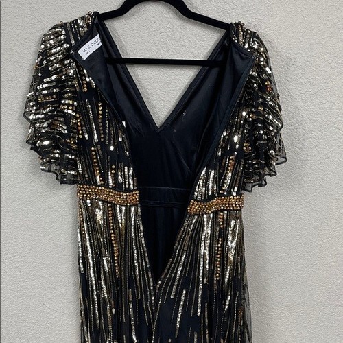 NWT Mac Duggal Beaded Sequin A Line Midi Dress Black Gold V Neck Sample Sz 2 - Picture 6 of 11