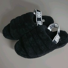 B4 UGG Womens Slippers Size 8 Black Fluff Yeah Shearling Fur Slingback Slip On
