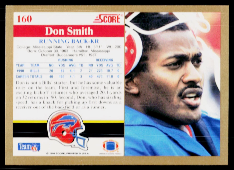Don Smith, 1991 Score, #160, Buffalo Bills, - Image 2 of 2