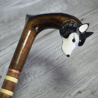 Cane Walking Stick Wooden carved Handmade - Husky