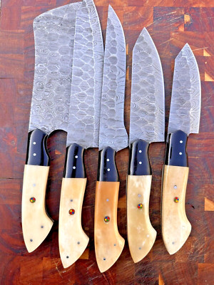 Hand Craft Custom made Damascus Steel Chef kitchen knives set Camel Bone Handle