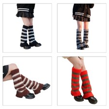 Women Cover Harajuku Colorblock Striped Furry Leg Warmer Socks Streetwear