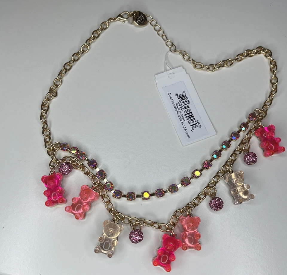 Colar de strass Betsey Johnson rosa ursos de goma bolas de fogo
