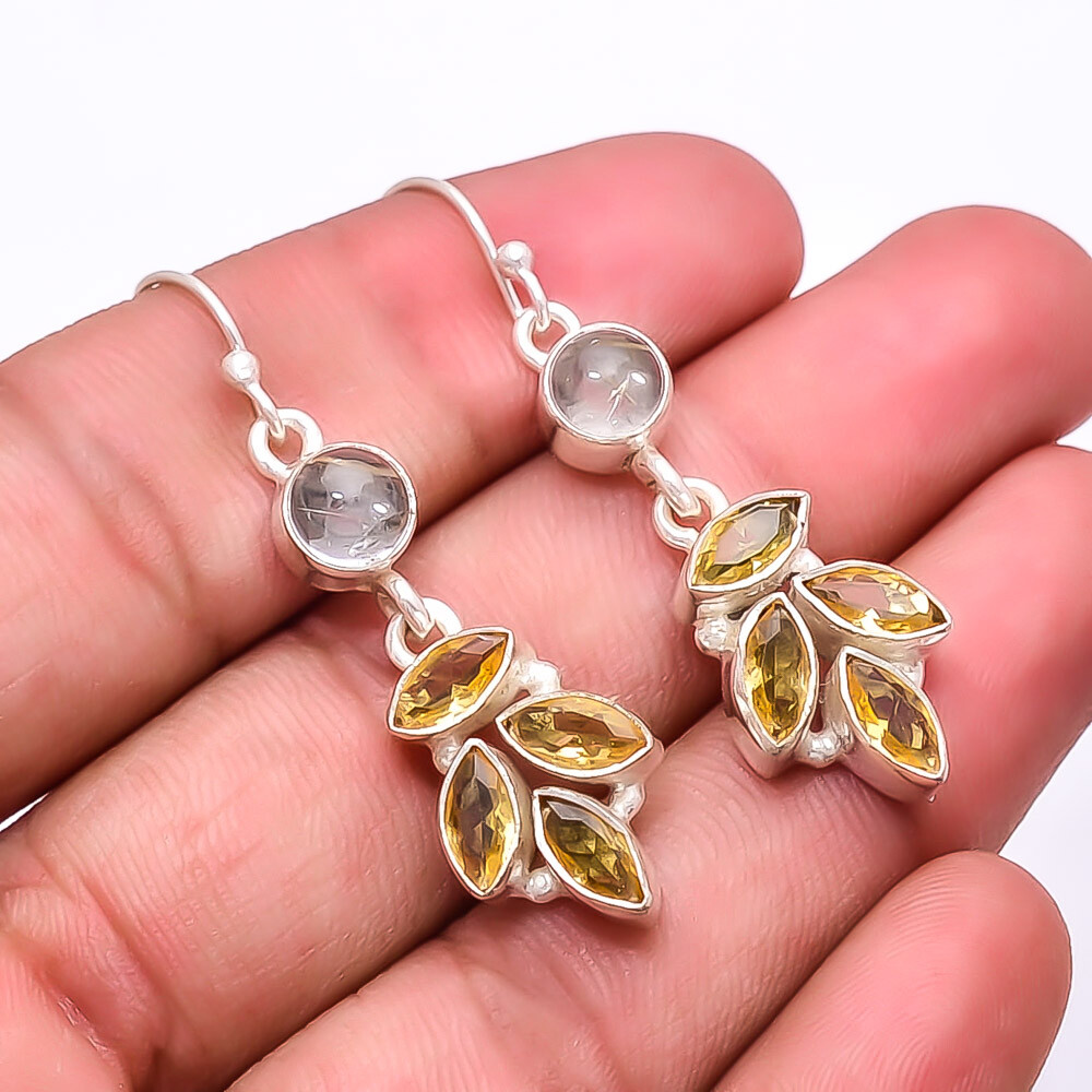 Golden Rutilated Quartz 925 Sterling Silver Earrings 2.03 Inches E19